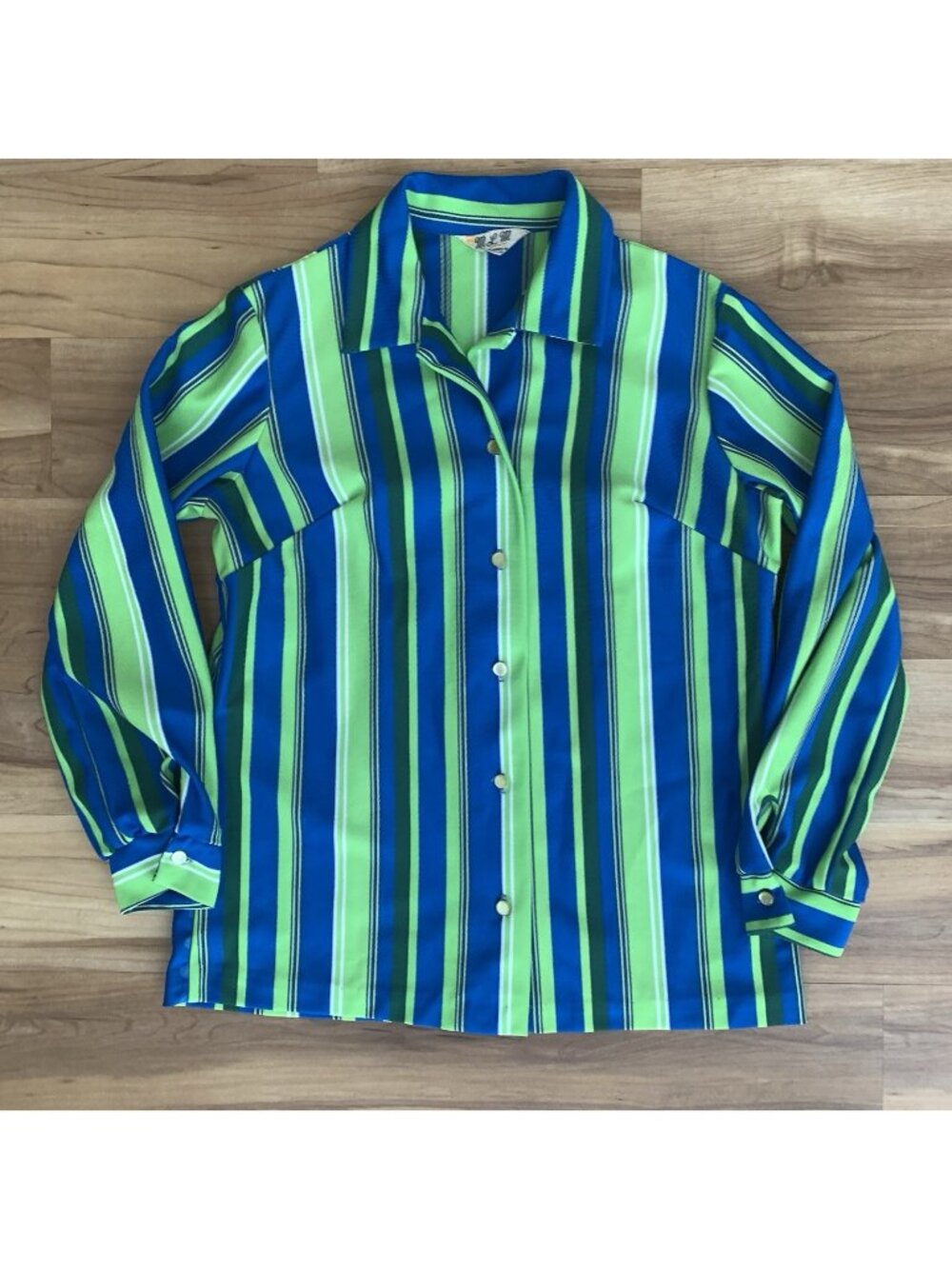 MLM 70’s USA Polyester Button Up Blouse Women Small Blue Green Stripe Retro Mod